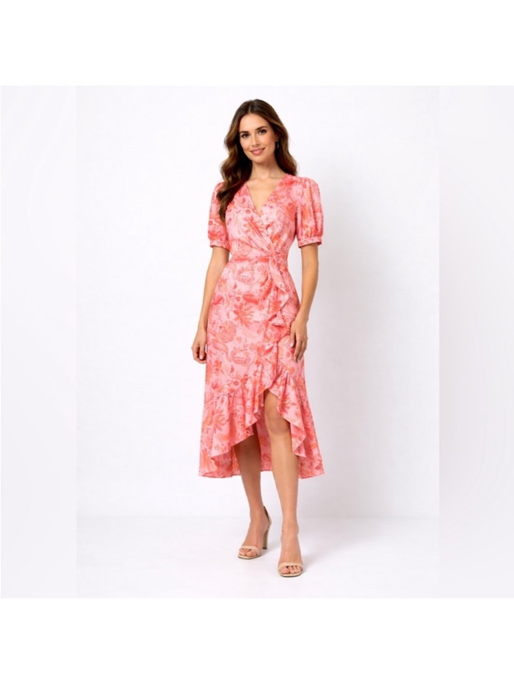 Cinq à Sept Kay Floral Midi Dress Faux Wrap Ruffle Asymmetrical Hem Size 4